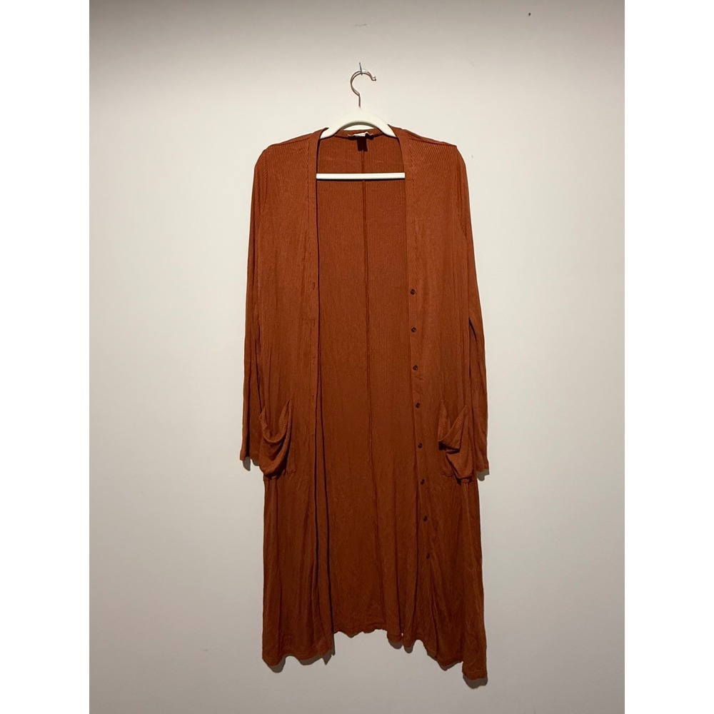 Forever 21 Womens Ribbed Longline Duster Cardigan Rust Orange Button Front M